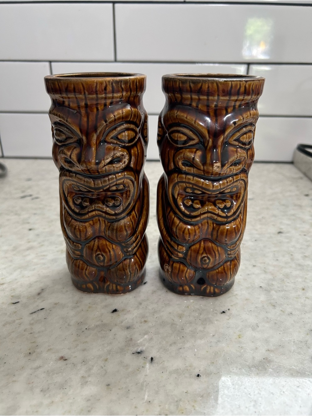 Vintage 1970s Ceramic Tiki Glasses — Brown Glazed Set of 2
